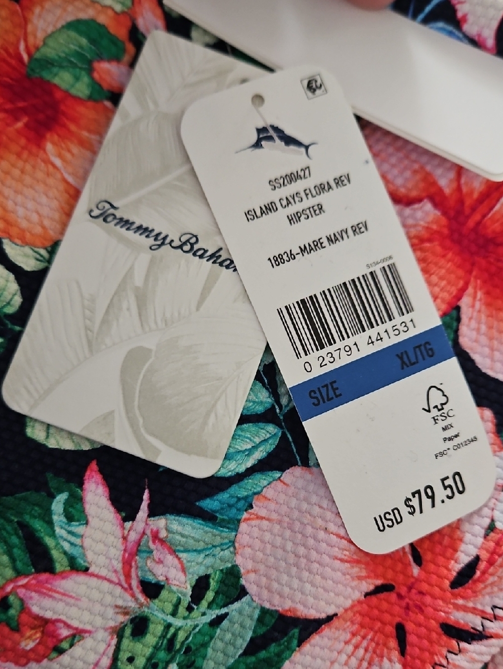 Tommy Bahama Reversible Hipster Textured Bikini Bottom: Navy/Floral/Tropical: XL - Picture 6 of 13